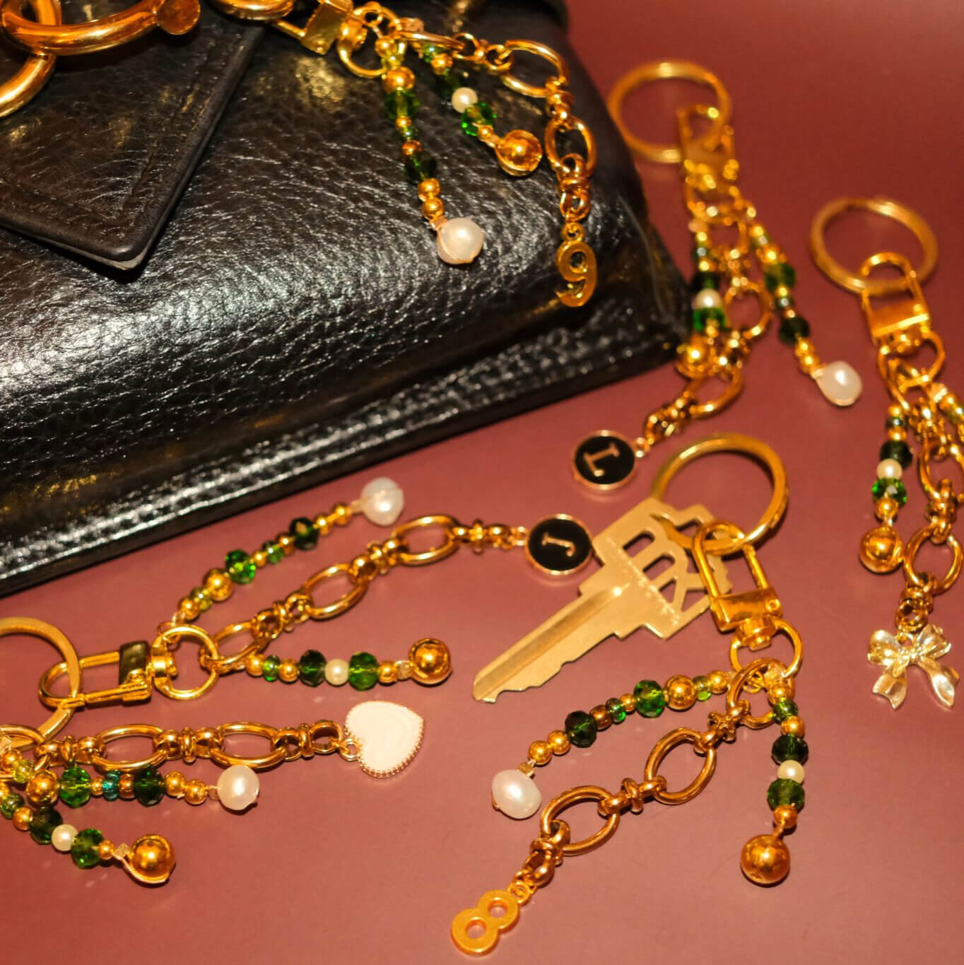 Beaded bag charm in verdant gold