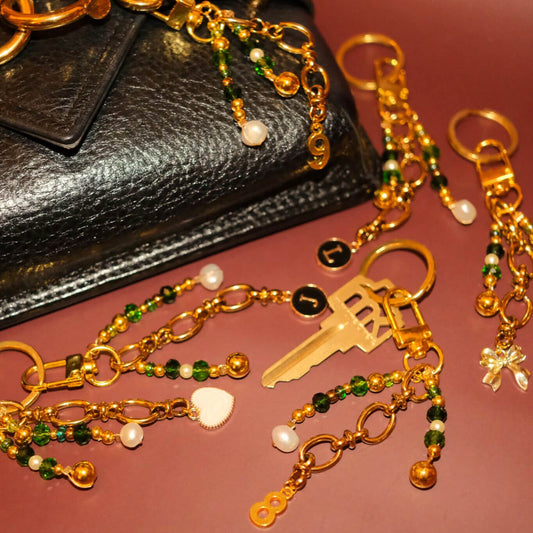 Beaded bag charm in verdant gold